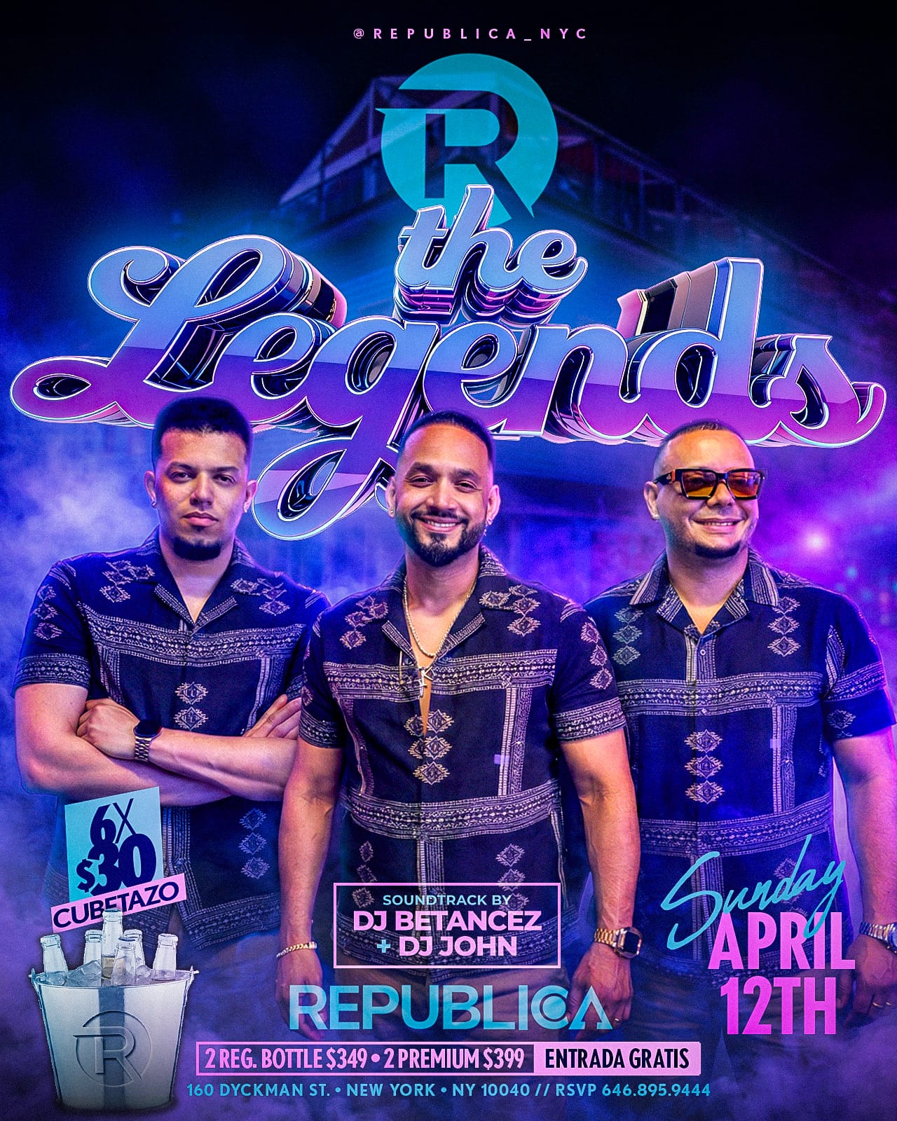 Sunday April 12 The Legends live at Republica NYC with DJs Betancez and DJ John, free entry, bottle specials available at 160 Dyckman St New York NY