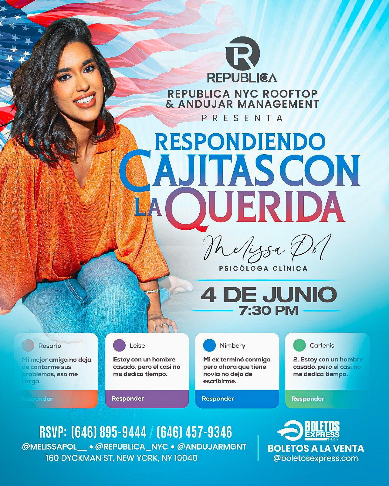 Respondiendo Cajitas con la Querida live talk event June 4 at Republica NYC Rooftop featuring Melissa D1 clinical psychologist, relationship advice show starting 7:30PM with RSVP and tickets available in New York City