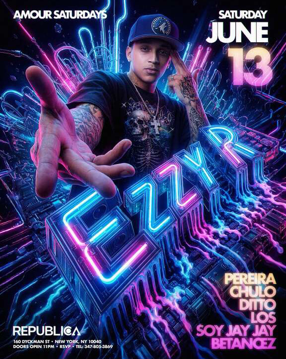 Amour Saturdays at Republica NYC featuring DJs Tuto, Ditto, and Alex The Kid. Ladies night event with upscale nightlife, bottle service specials, dancing, and late-night entertainment in Washington Heights.