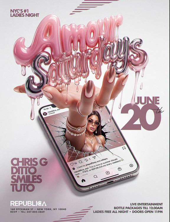 Amour Saturdays nightlife flyer featuring a social media-inspired design, glamorous fashion, ladies night promotion, live entertainment, bottle service, and late-night party vibes