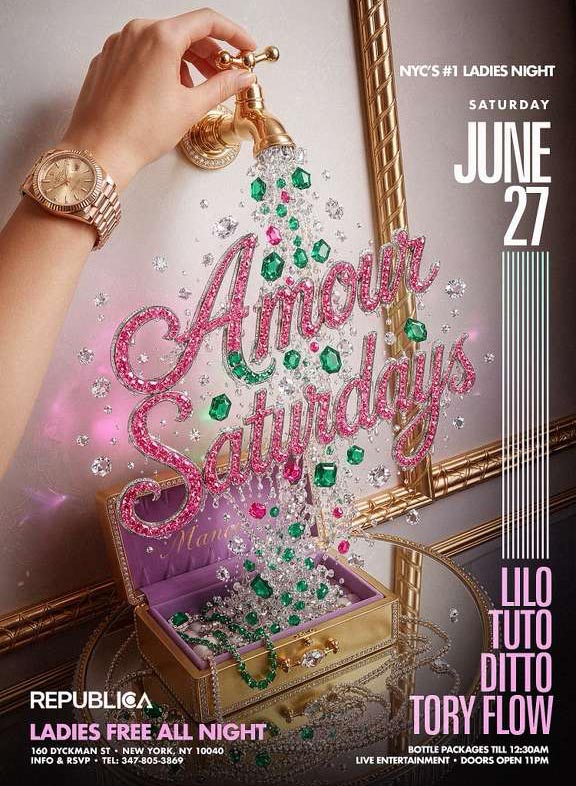 Amour Saturdays ladies night flyer featuring luxury jewelry, diamonds, gemstones, champagne-glam aesthetics, DJs, bottle service, live entertainment, and an upscale nightlife atmosphere.
