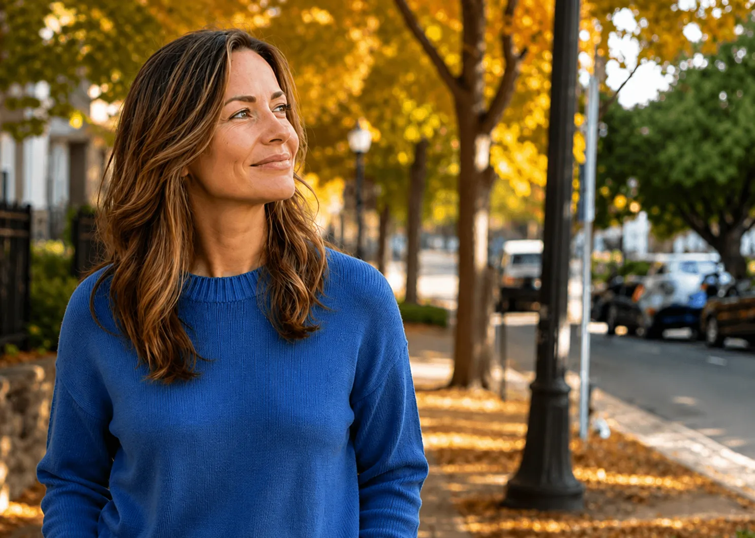 Smiling woman with long brown hair wearing a blue sweater standing on a sidewalk lined with yellow autumn trees and parked cars in the background.