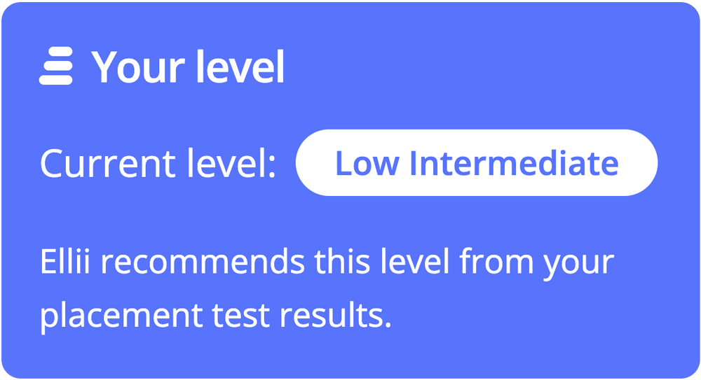 Student level is at low intermediate based on the Eliii placement test results