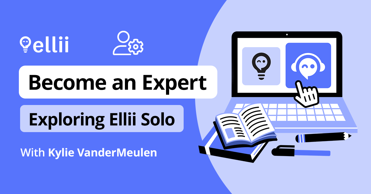 Ellii and Ellii solo logos on a laptop with books and a pen and pencil