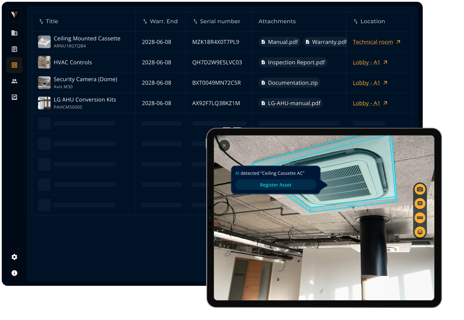 Asset management table in the Vizonare dashboard, listing warranty dates, serial numbers, attachments, and locations. On an iPad, AI automatically recognizes a building asset ready to be registered.