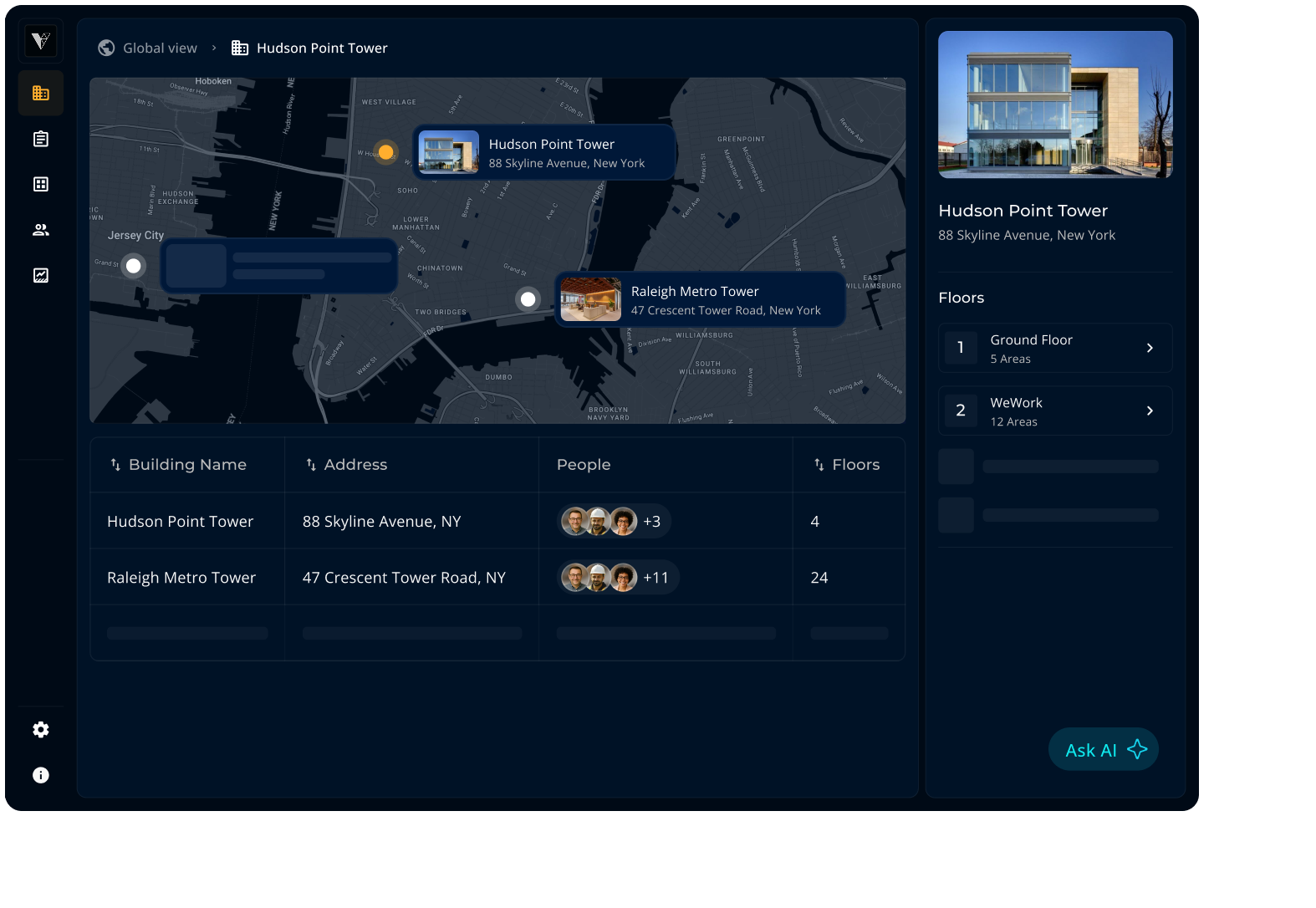 Interactive Vizonare dashboard with a map view, showing multiple buildings. Each building can be explored floor by floor.