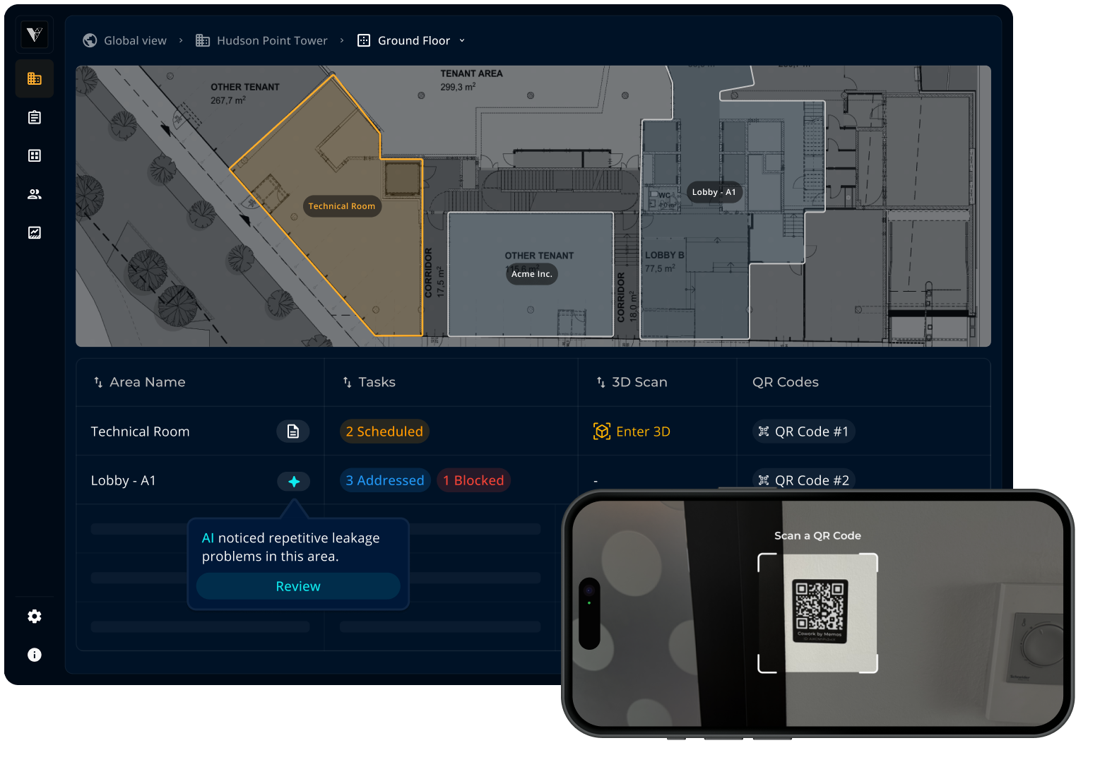 Vizonare dashboard highlighting defined service areas, each linked with QR codes and 3D scans captured by the iOS app. AI detects a pattern of recurring leakages in one area.