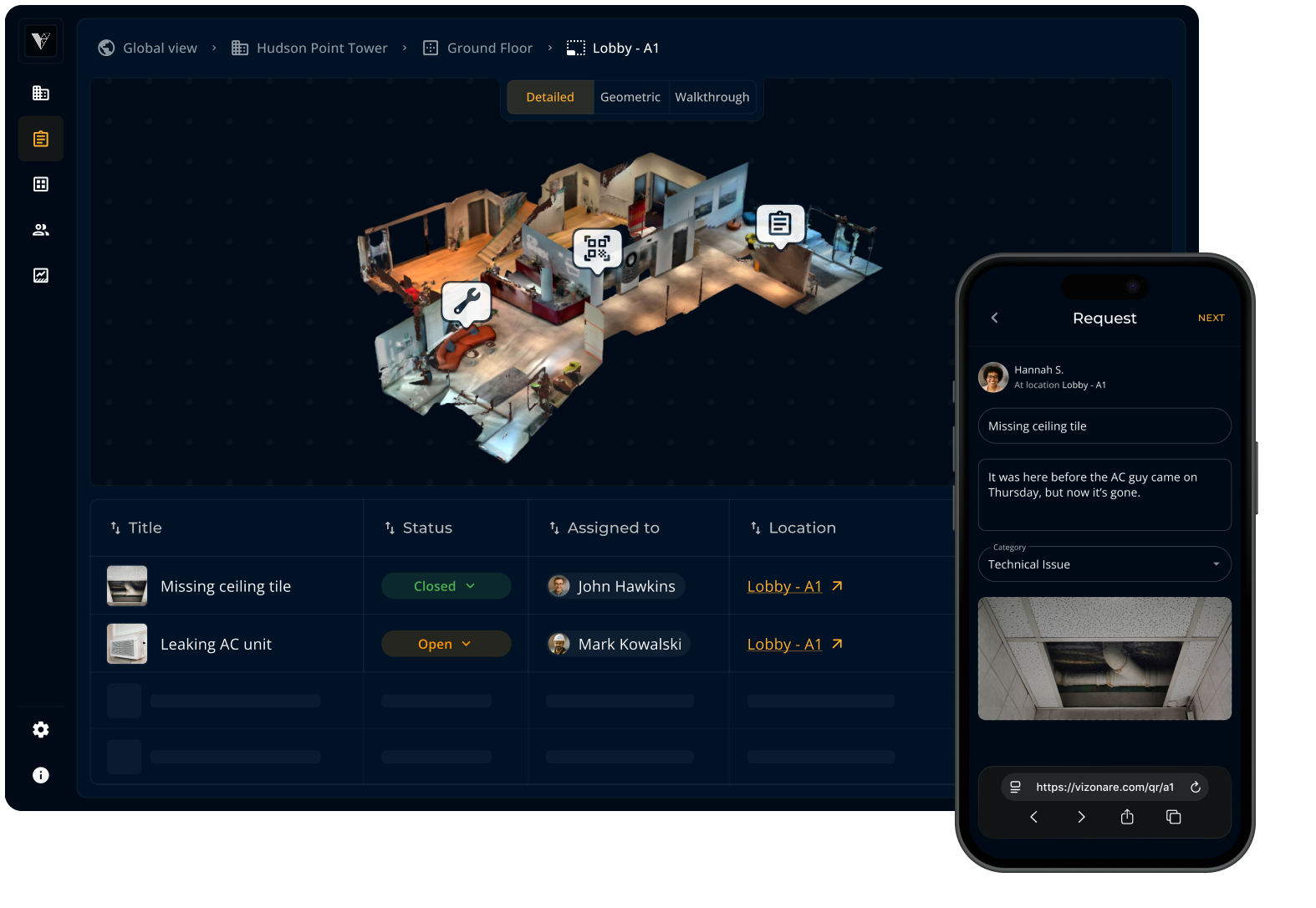 Combined web and mobile view: the dashboard displays a 3D scan with tasks and QR codes, while the mobile app shows a simple request form.