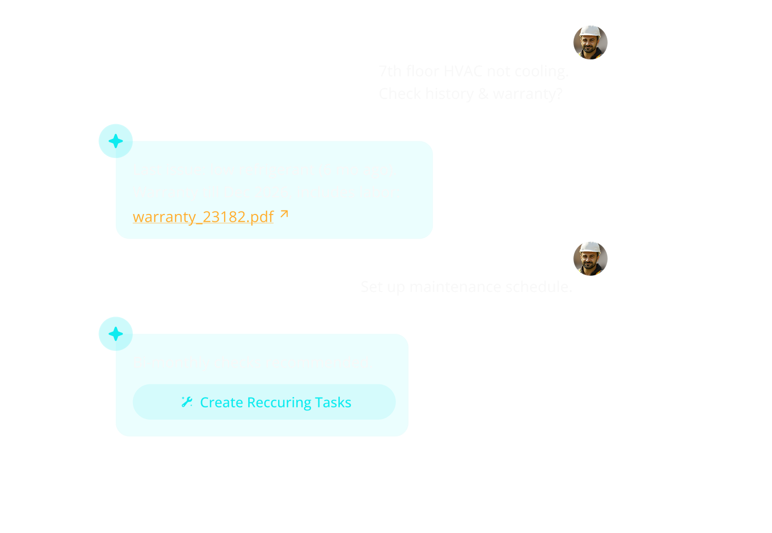 Analytics dashboard with key metrics: completed work orders, mean time to repair, and a line chart comparing open vs. resolved requests. An AI insight points out a location with an unusual number of issues and suggests corrective action.