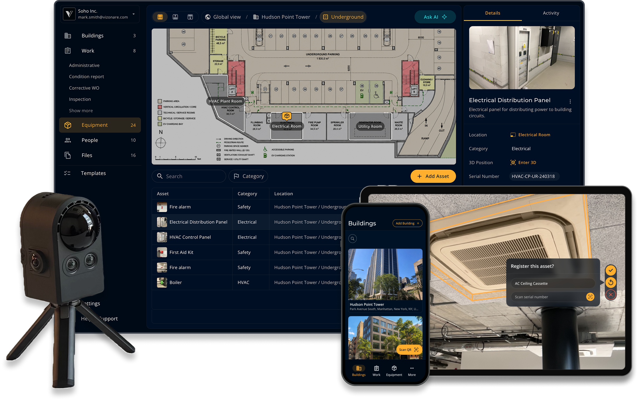 Vizonare on desktop, tablet and phone: an underground floor plan with tagged equipment, an asset register, and on-site asset registration, beside a 3D scanning camera.