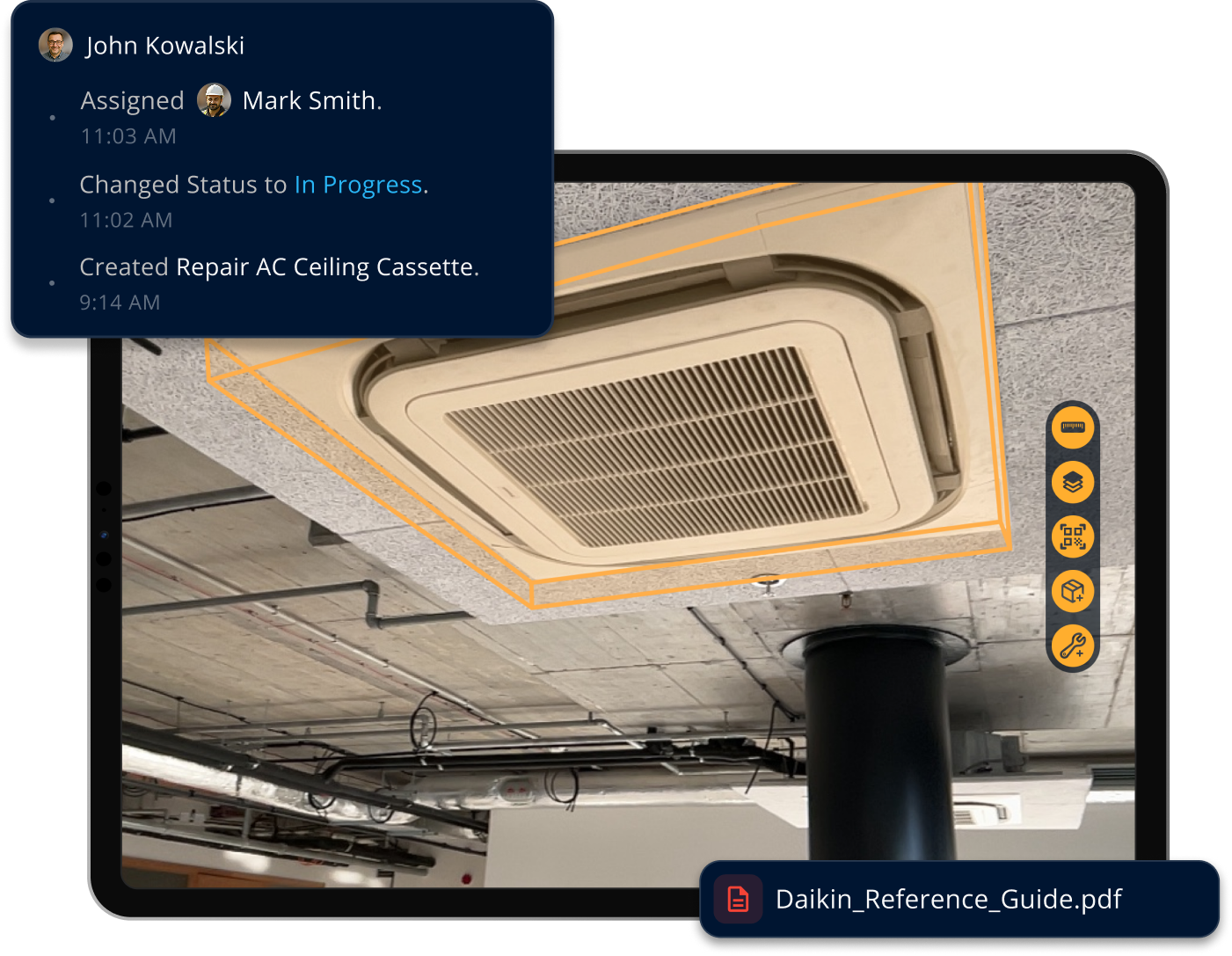 An asset viewed on a tablet: a ceiling cassette outlined in a photo, its activity history of assignments and status changes, and an attached Daikin reference guide.