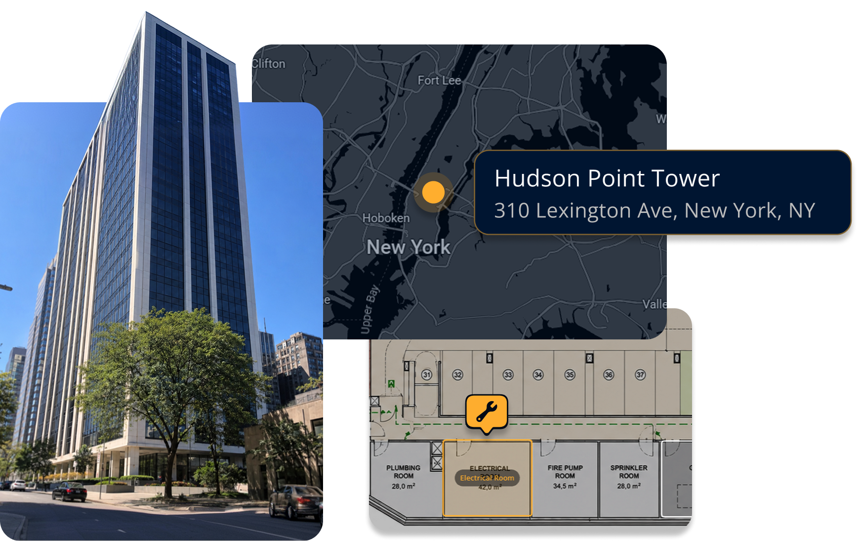 A building photo beside its location on a map as Hudson Point Tower, 310 Lexington Ave, New York, and the underground floor plan with a tagged asset.