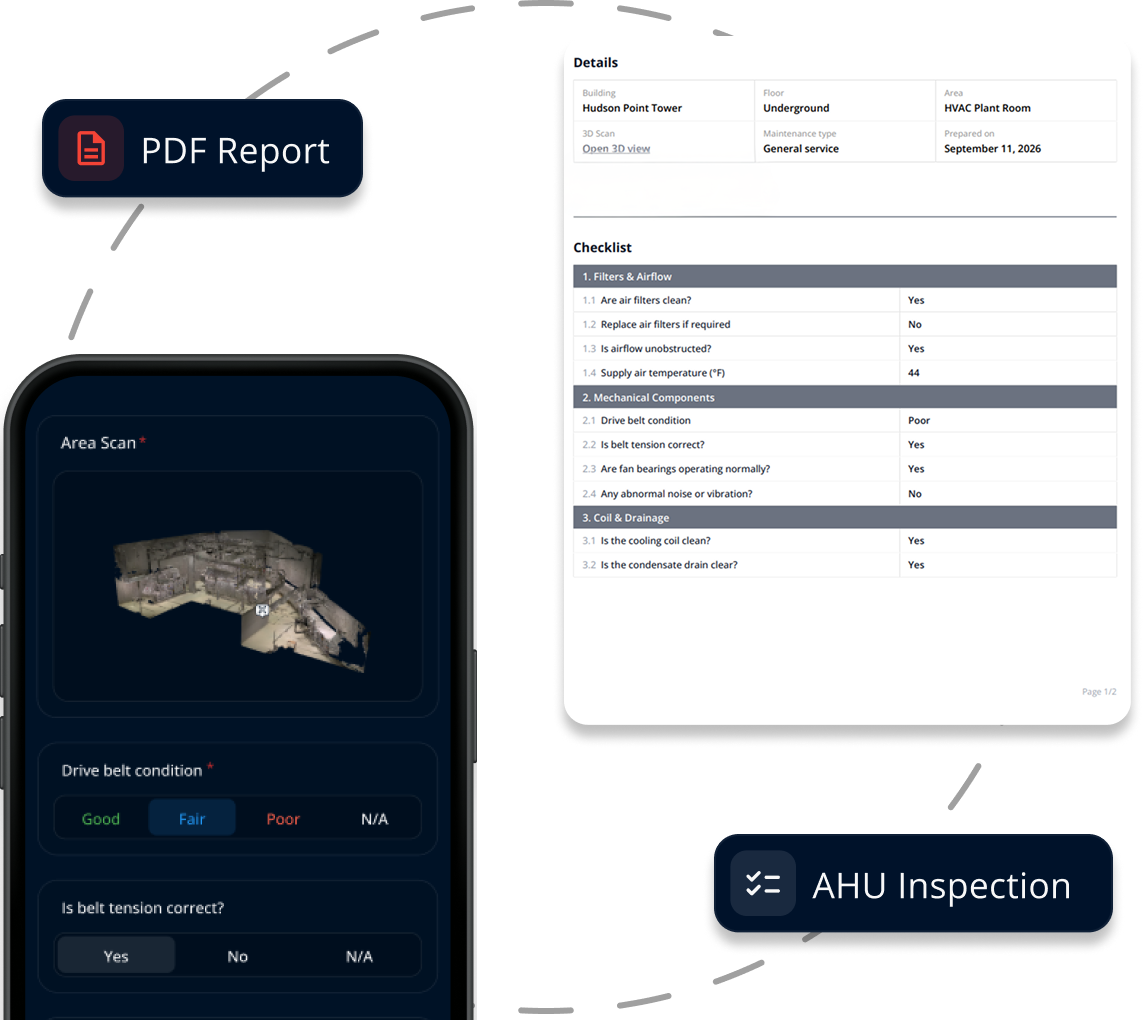 An inspection being filled in on a phone from an area scan, beside the completed quarterly AHU preventive maintenance report it produces, exported as a PDF.