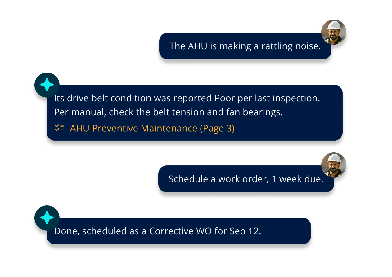 A chat with the Vizonare AI: a reported rattling noise, an answer citing page 3 of the AHU preventive maintenance checklist, and a corrective work order scheduled for Sep 12.