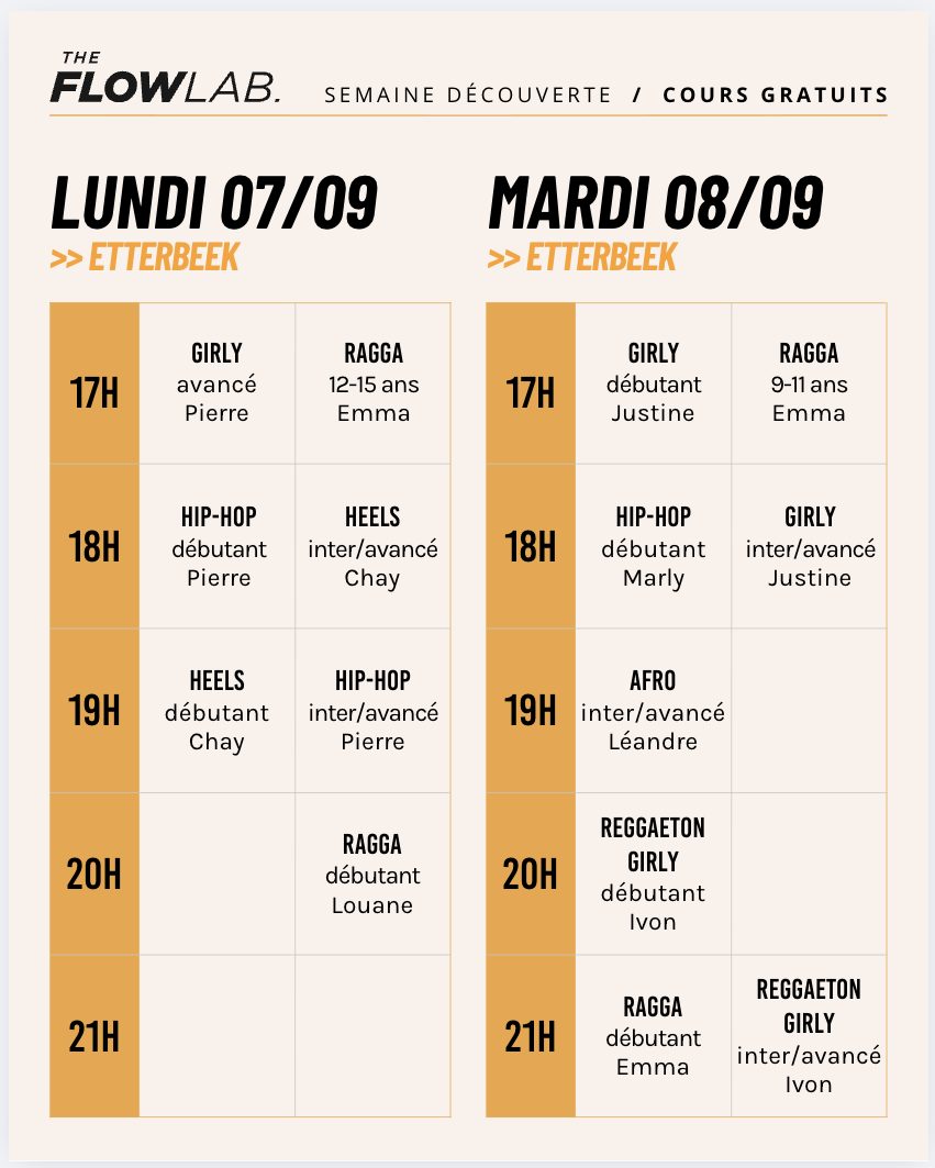 Horaire de la Semaine découverte à Etterbeek les lundi 7 et mardi 8 septembre 2026