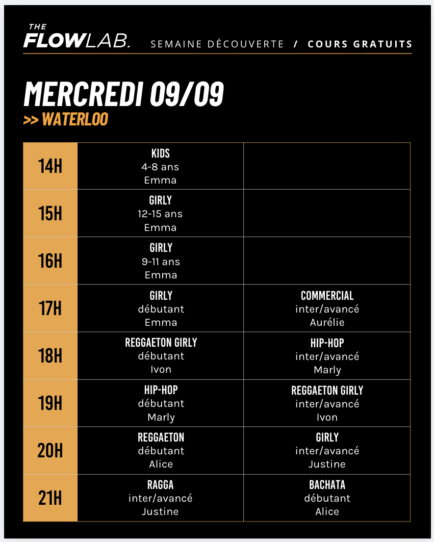 Horaire de la Semaine découverte à Waterloo le mercredi 9 septembre 2026
