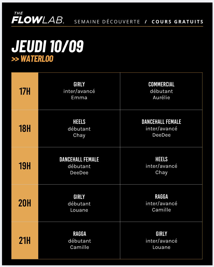 Horaire de la Semaine découverte à Waterloo le jeudi 10 septembre 2026
