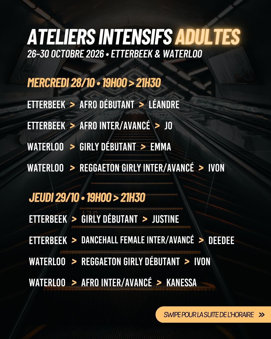 Programme des ateliers intensifs adultes : mercredi 28 et jeudi 29 octobre 2026, de 19 h à 21 h 30.