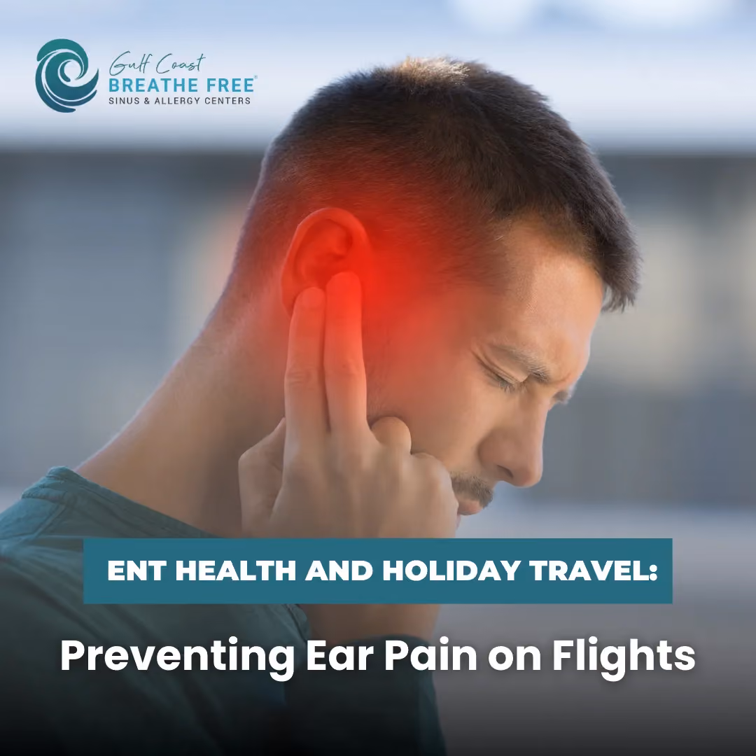 Promotional image for preventing ear pain during flights, with ENT health tips.
