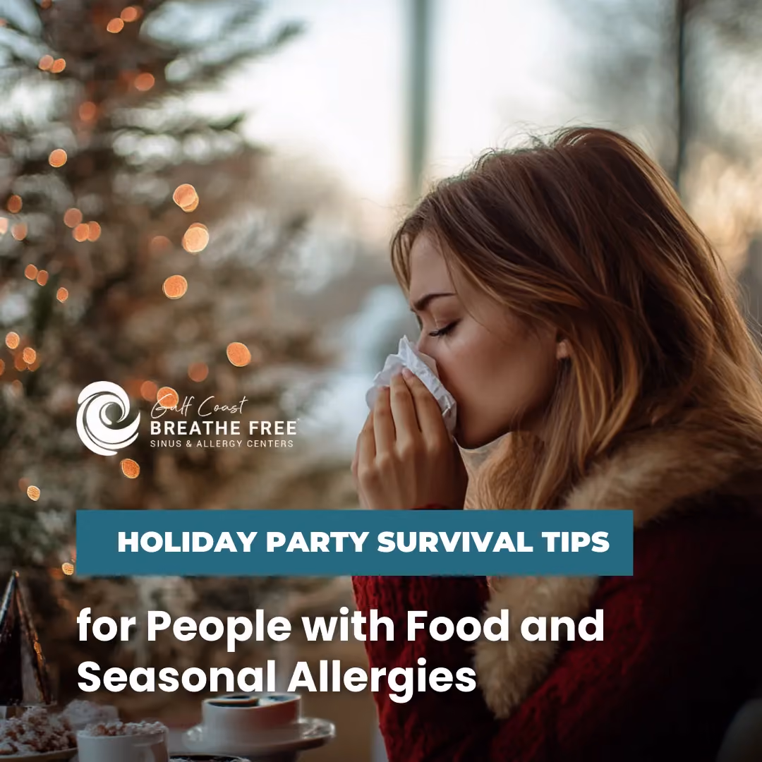 A woman sitting by a Christmas tree, with text about holiday party tips for allergy sufferers.