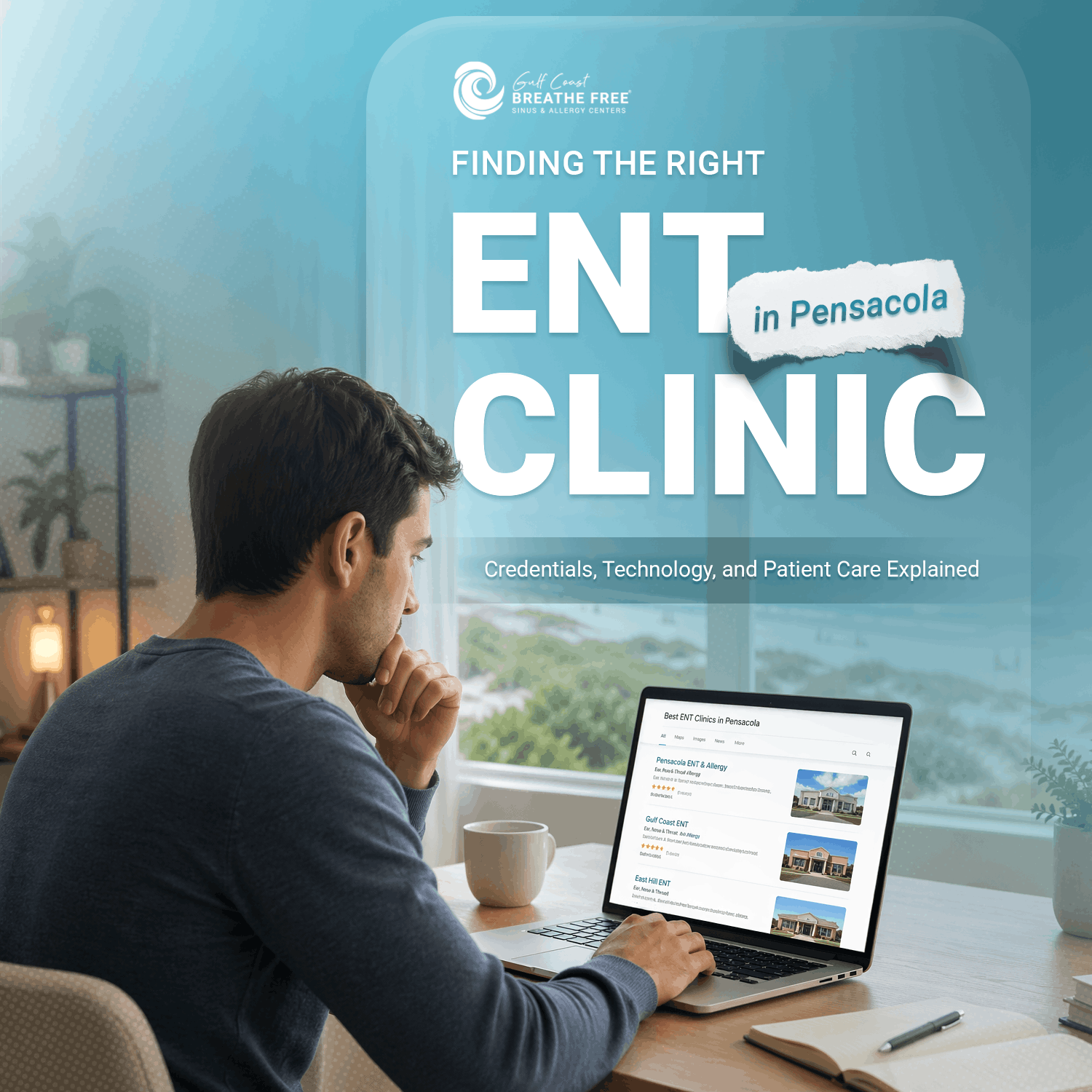 Man researching Gulf Coast Breathe Free and other ENT clinics in Pensacola, Florida, using a laptop at home.