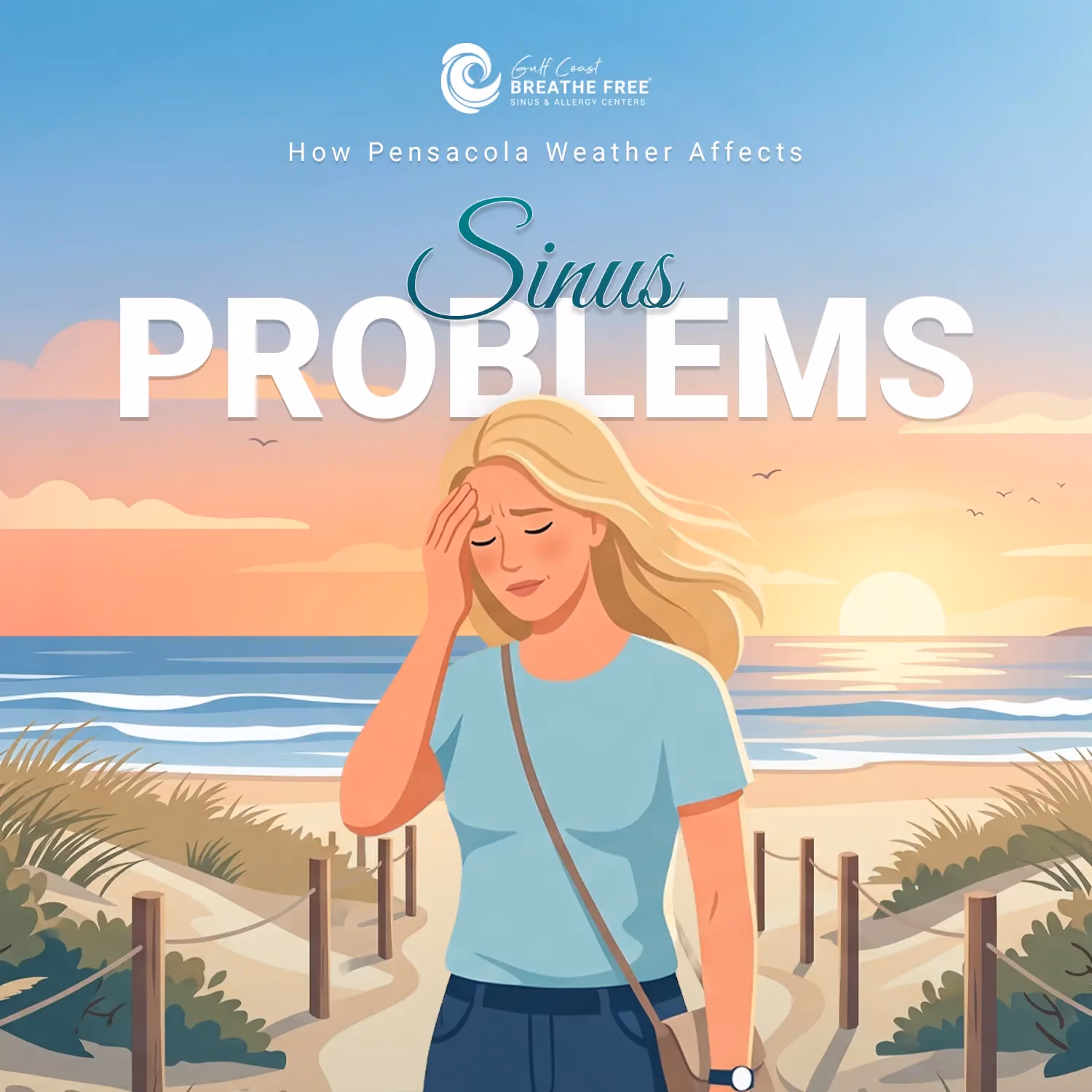 Illustration of a woman on a Pensacola beach pathway at sunset, pressing her hand to her forehead with a pained expression, suggesting a weather-related sinus headache