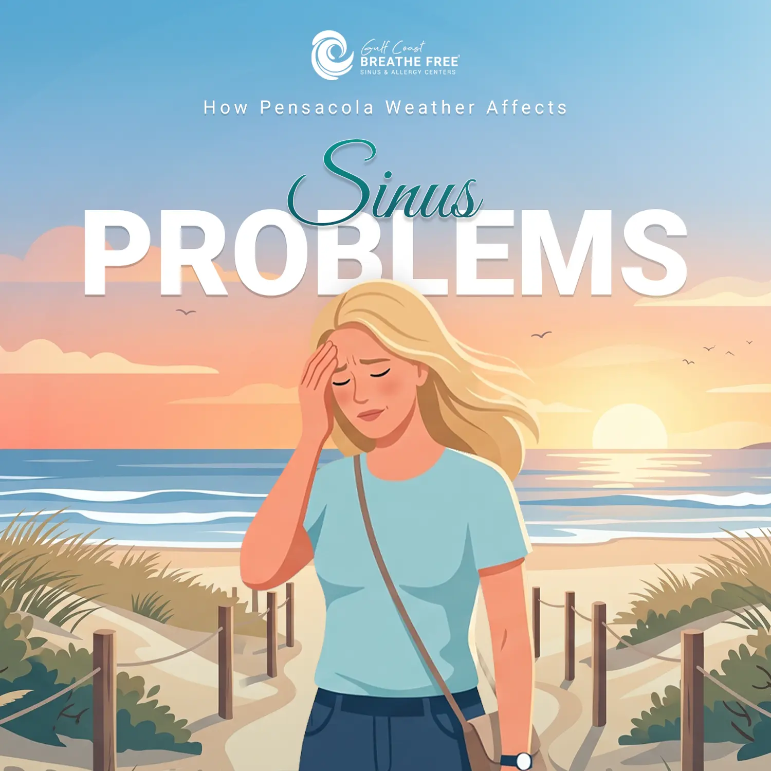 Illustration of a woman on a Pensacola beach pathway at sunset, pressing her hand to her forehead with a pained expression, suggesting a weather-related sinus headache