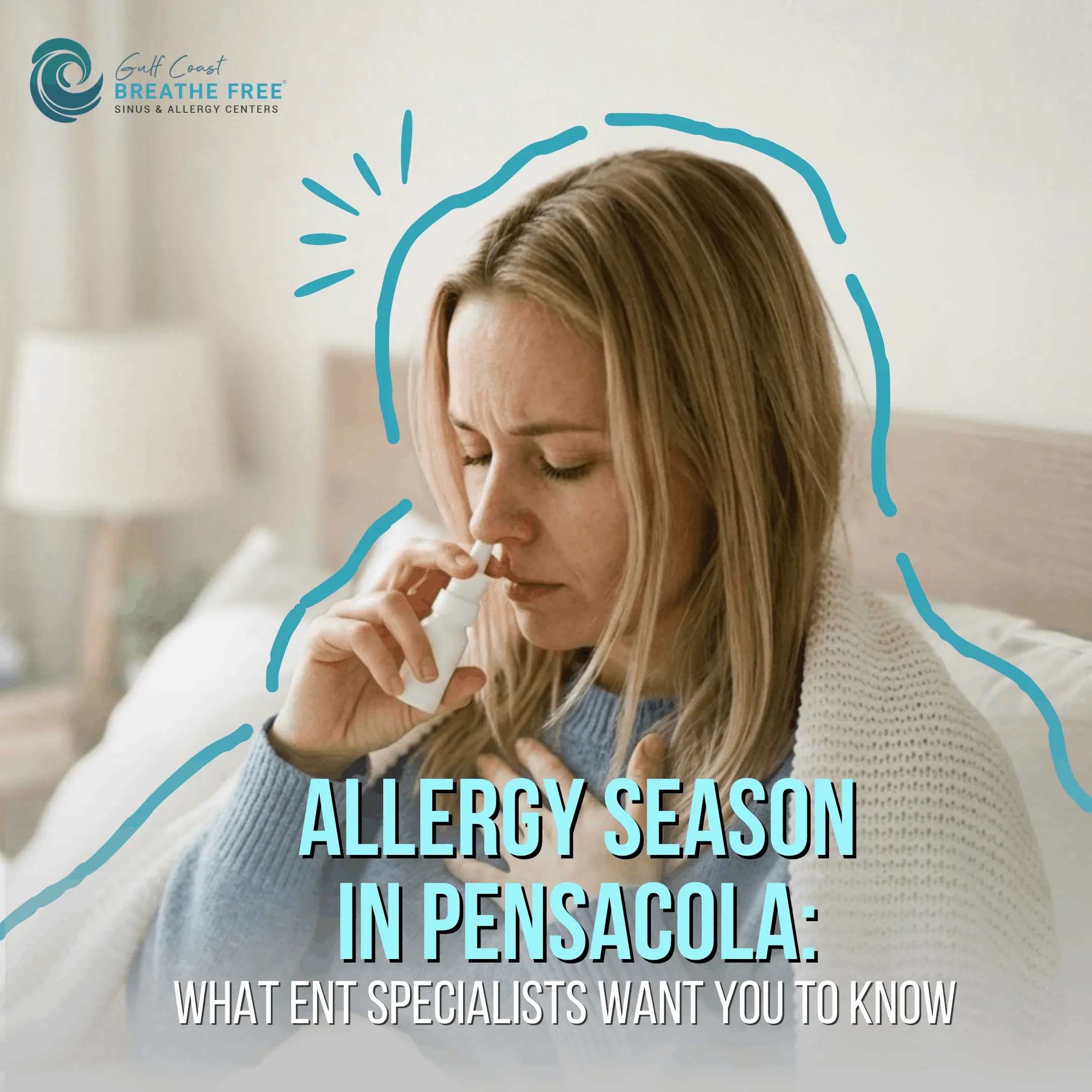 Woman in bed using nasal spray, with text: 'How Columbia Weather Affects Sinus Problems', alongside Gulf Coast Breathe Free logo.