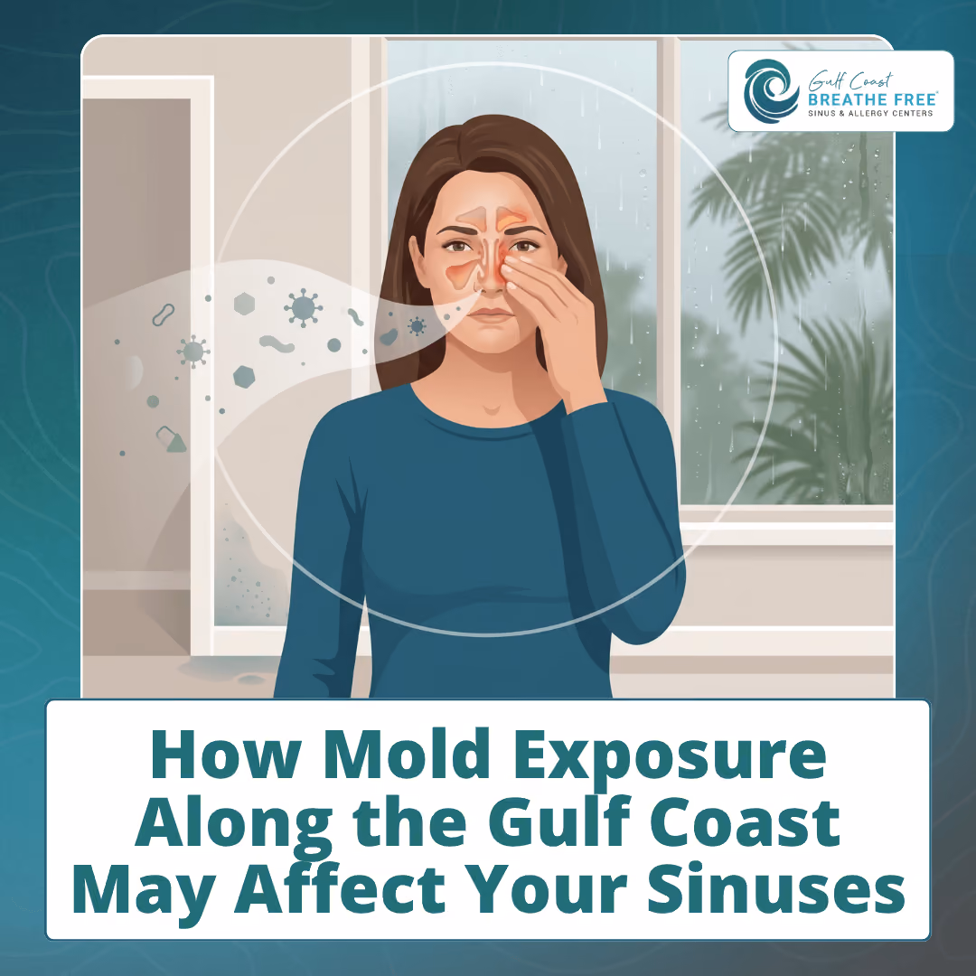 Woman holding her face showing sinus pressure and mold spore inhalation symptoms.