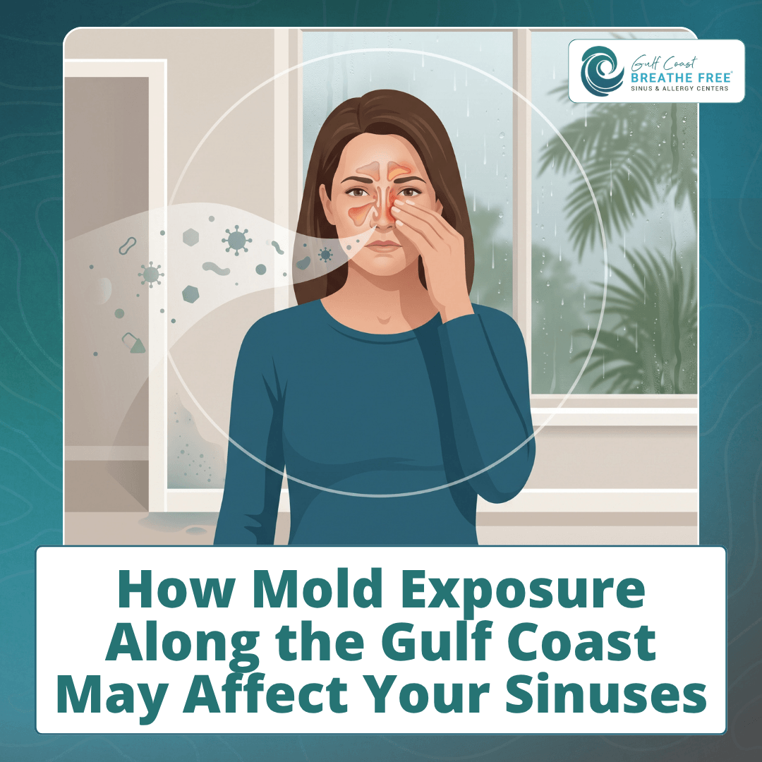 Woman holding her face showing sinus pressure and mold spore inhalation symptoms.