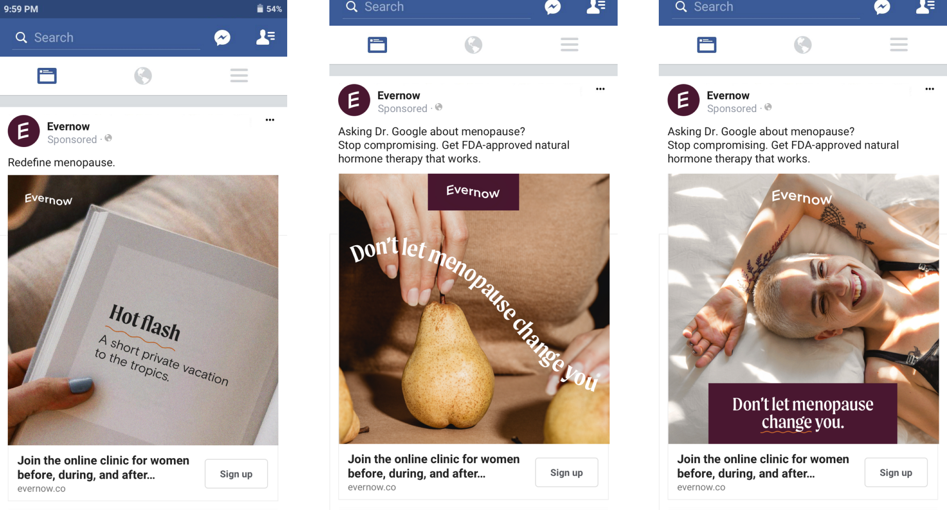 Facebook ads for Evernow.