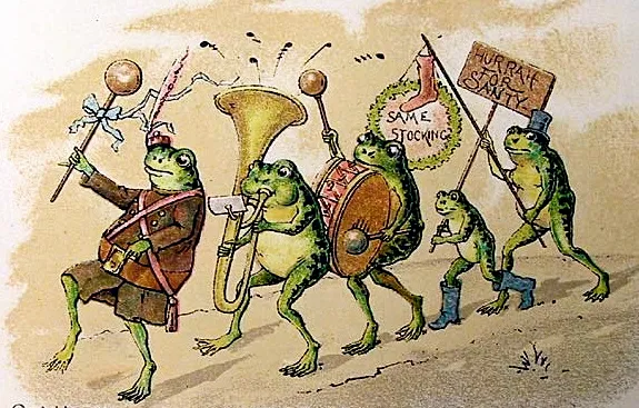 Marching band of toads at Christmas