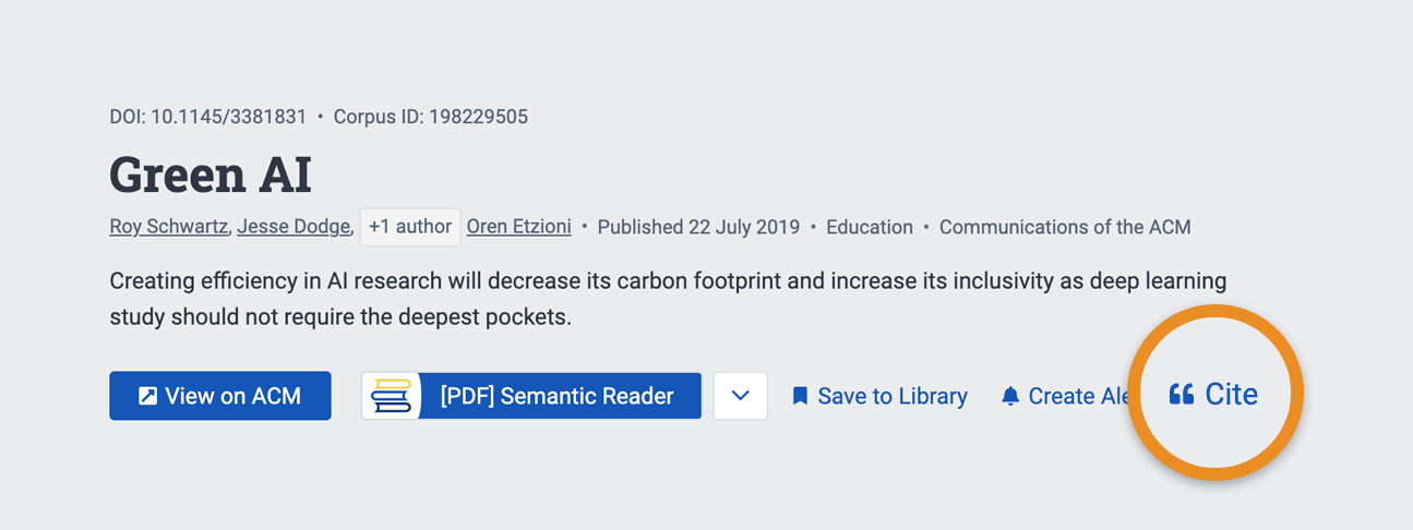 Screenshot of the citation button on Semantic Scholar