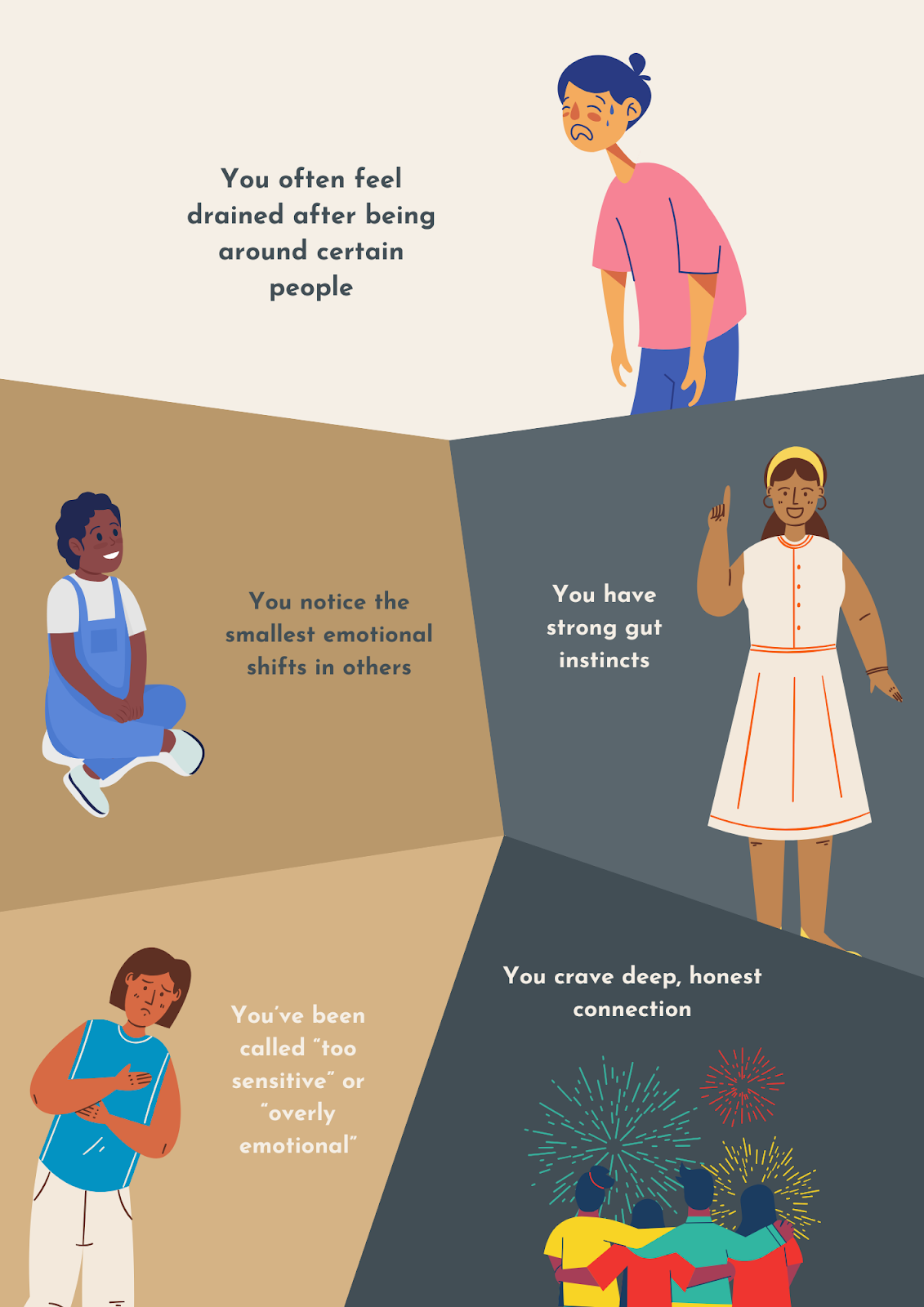 If you often feel drained after being around certain people,  have strong gut instincts (even when you doubt them), notice the smallest emotional shifts in others, have been called too sensitive or overly emotional and you crave deep, honest connection, you might be an empath