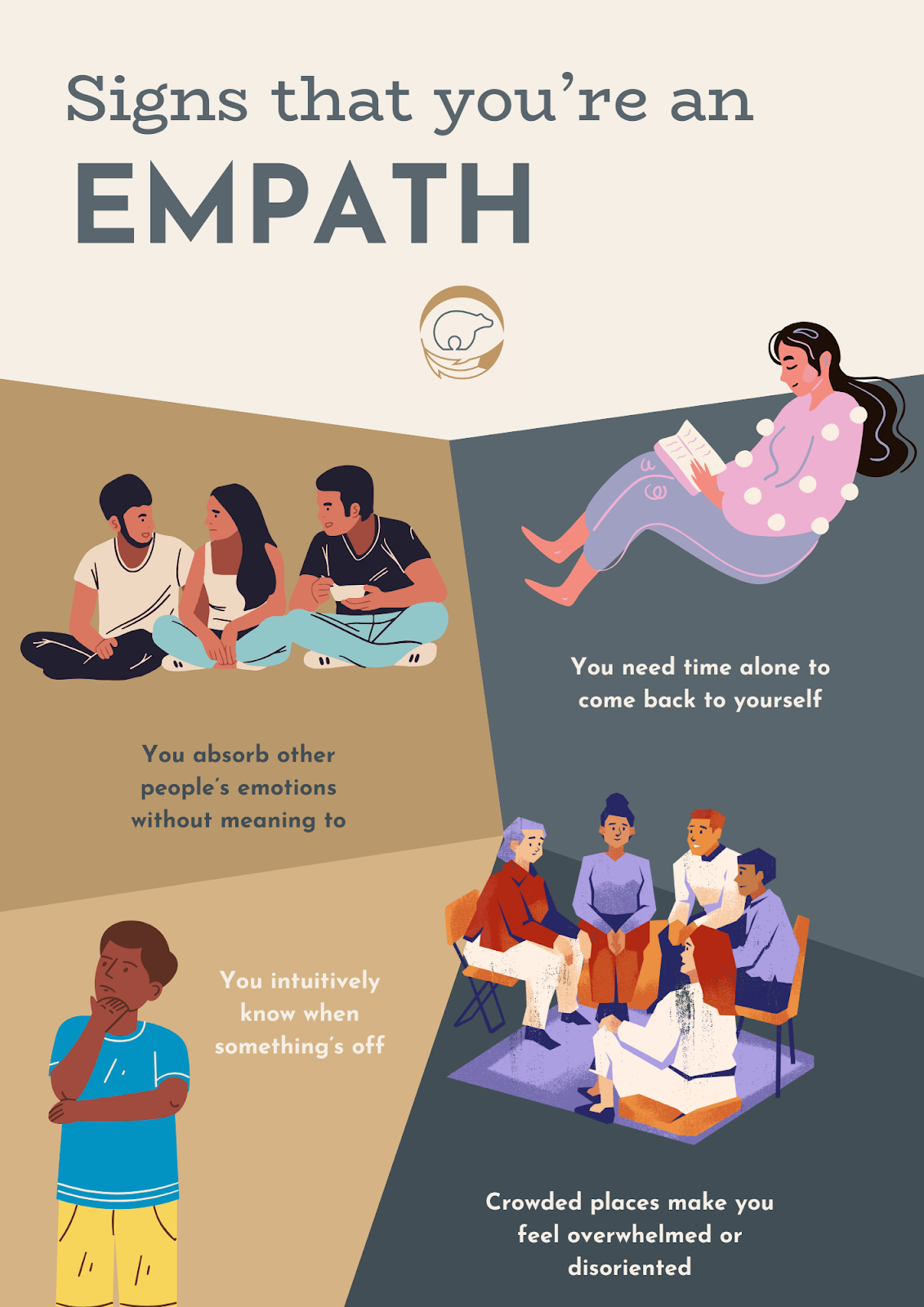 Sings that you're an empath: you absorb other people’s emotions without meaning to, you need time alone to come back to yourself, crowded places make you feel overwhelmed or disoriented