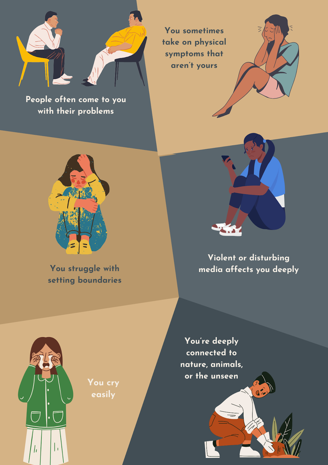 More signs you're an empath: you intuitively know when something’s off, you sometimes take on physical symptoms that aren’t yours, violent or siturbing media affects you deeply, people often come to you with their problems, you struggle with setting boundaries, you're deeply connected to nature, animals or the unseen and you cry easily