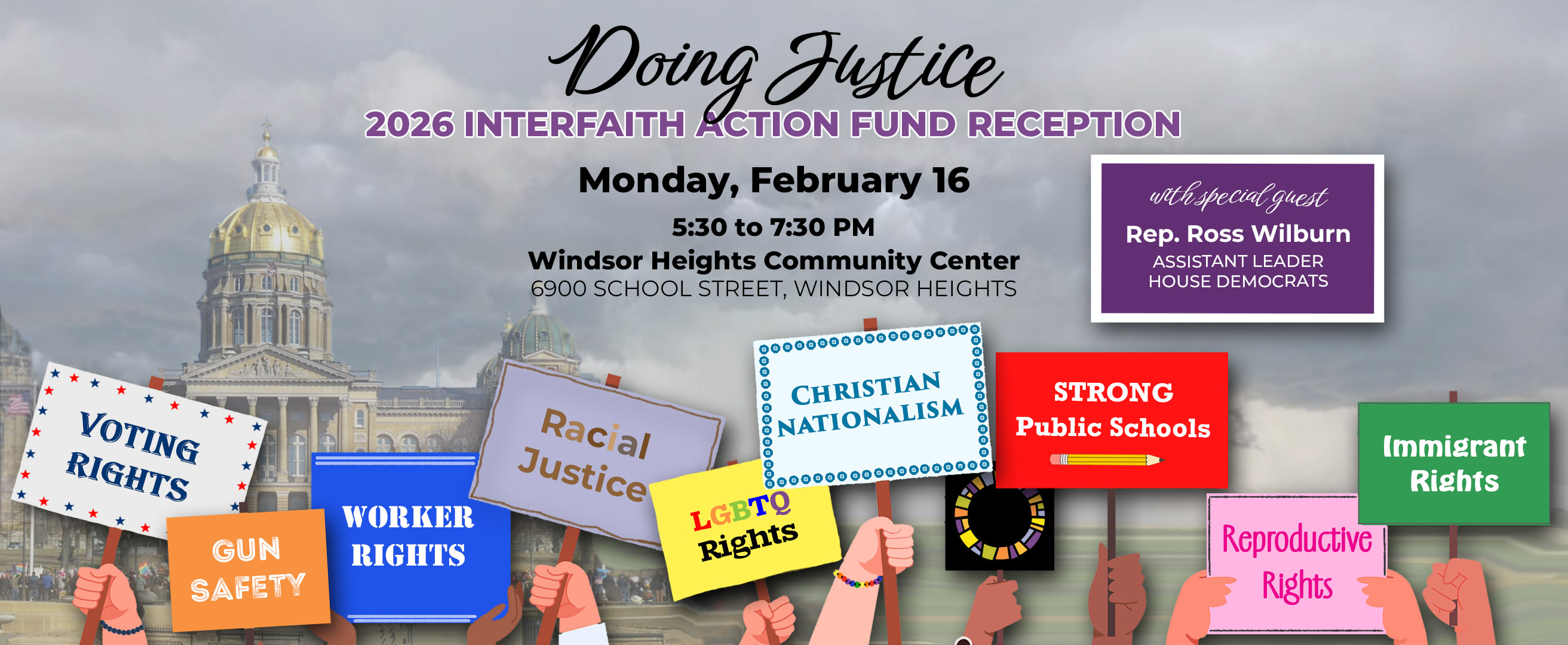 Doing Justice 2026 Interfaith Action Fund Reception logo with gloomy Capitol building in the background and clipart hands holding signs with social justice issues printed on them