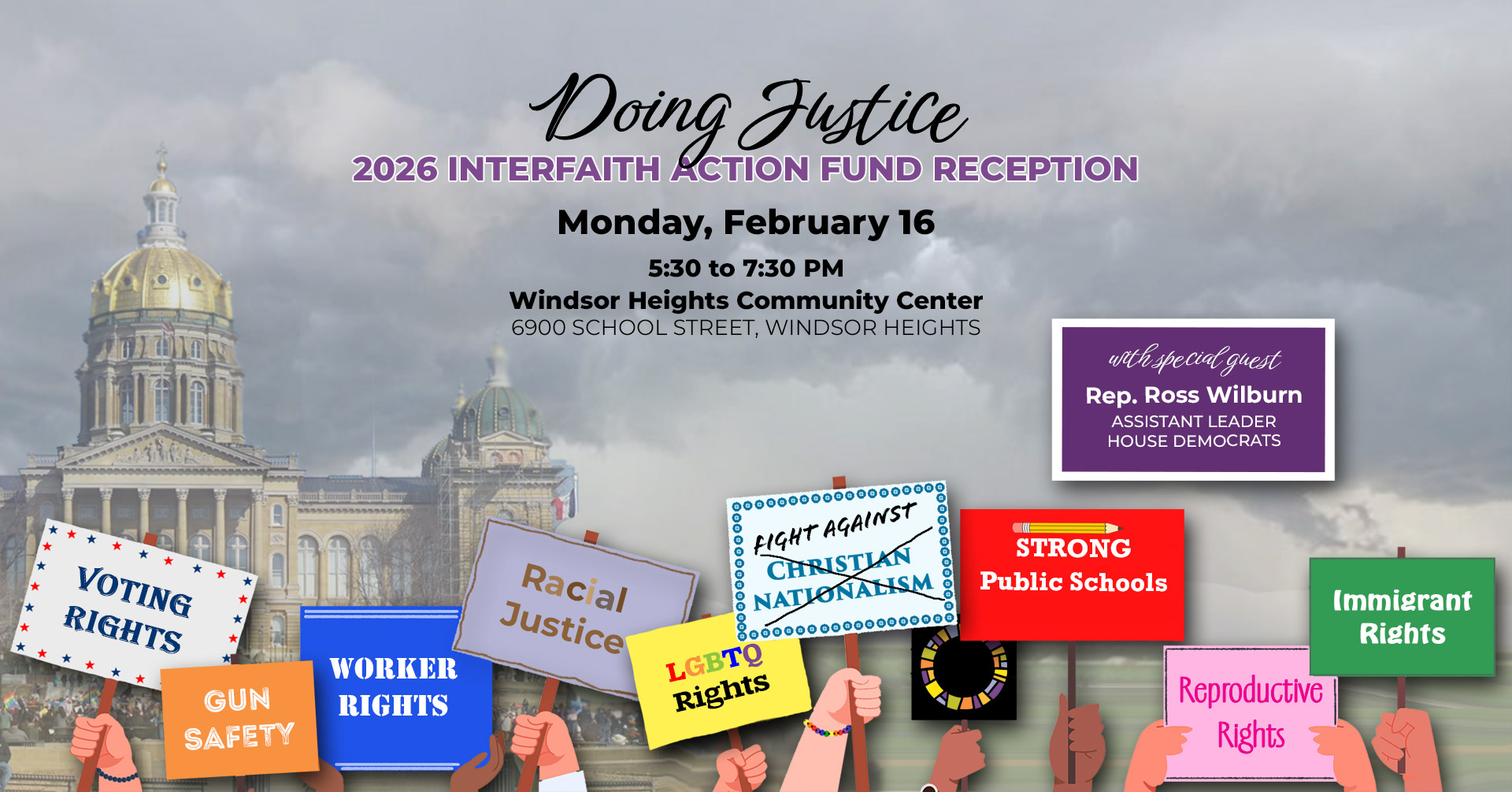 Doing Justice 2026 Interfaith Action Fund Reception logo with gloomy Capitol building in the background and clipart hands holding signs with social justice issues printed on them