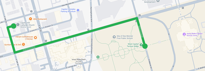 A map including a portion of the East Village in Des Moines, Iowa, showing the path from Capitol Hill Lutheran Church to the Iowa Capitol which will be taken on March 29 during the Palm Sunday Public Witness march