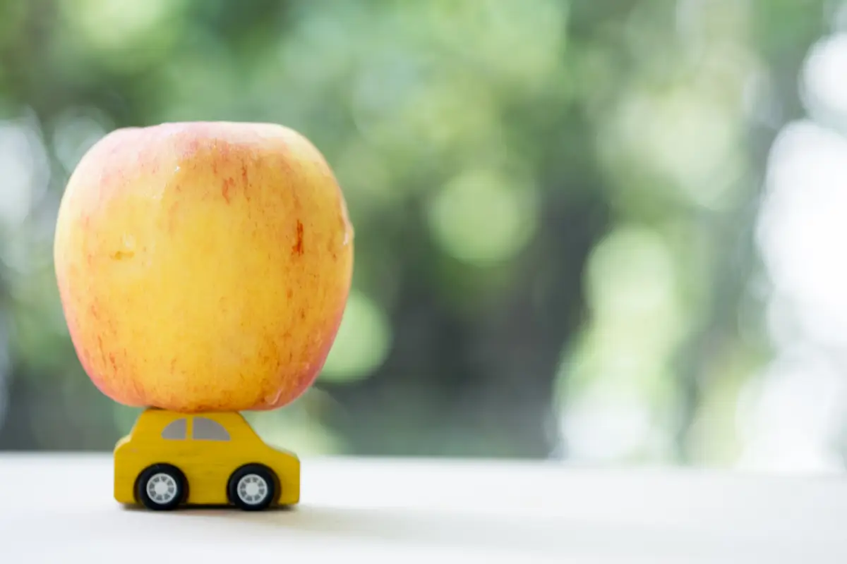 Spielzeugauto aus Holz transportiert Apfel