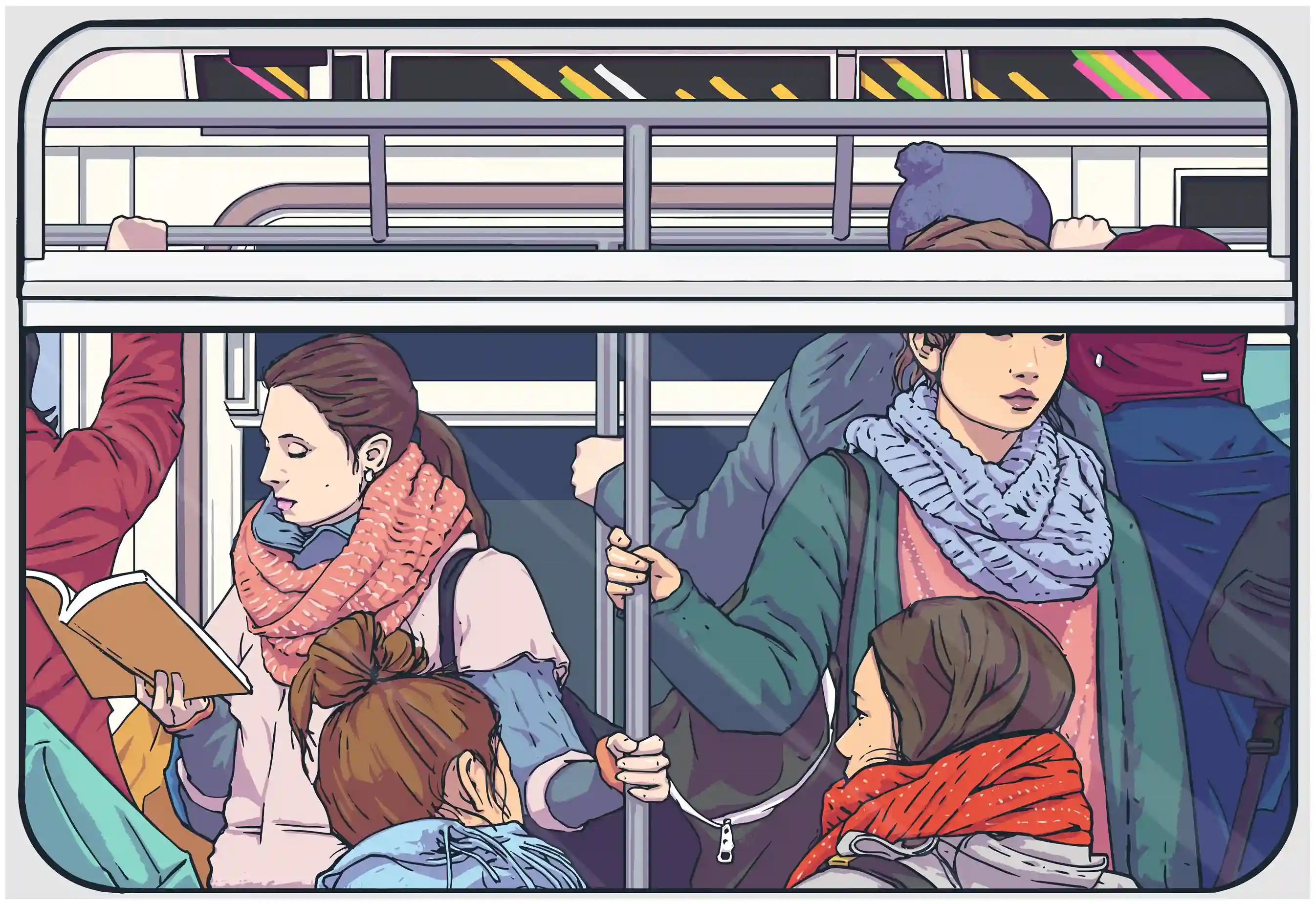Zeichnung eines mit vielen Menschen voll besetzten Zugs im Nahverkehr