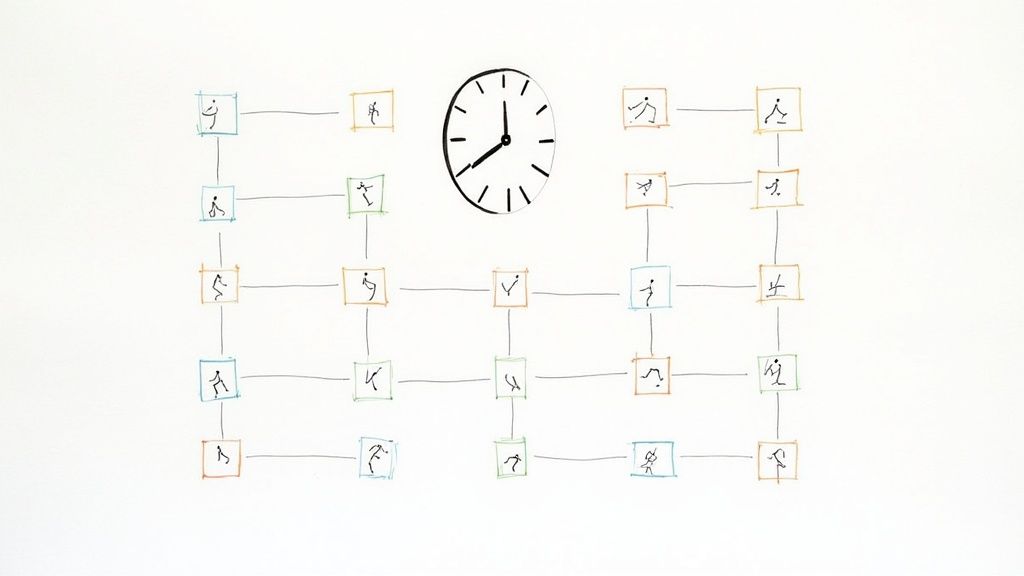 A female client smiling while tracking her workout progress on her phone with her coach's app.