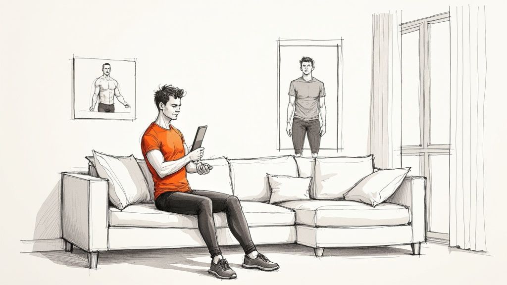 A personal trainer using a tablet to coach a client remotely, symbolizing the shift to digital fitness.