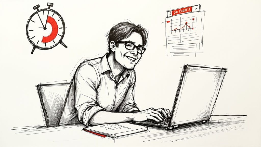 A fitness studio owner smiling while using a tablet at her front desk.