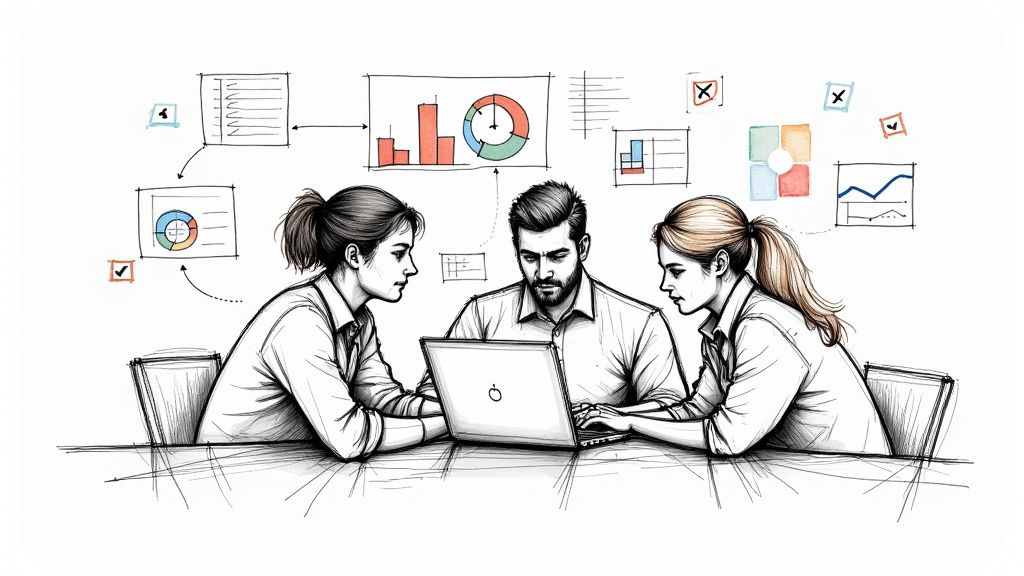 A team of fitness instructors being trained on new software using a tablet.