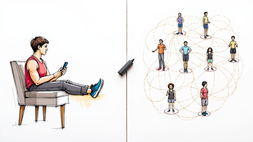 A client and a trainer are shown in separate video call windows on a laptop, smiling and giving a thumbs-up.