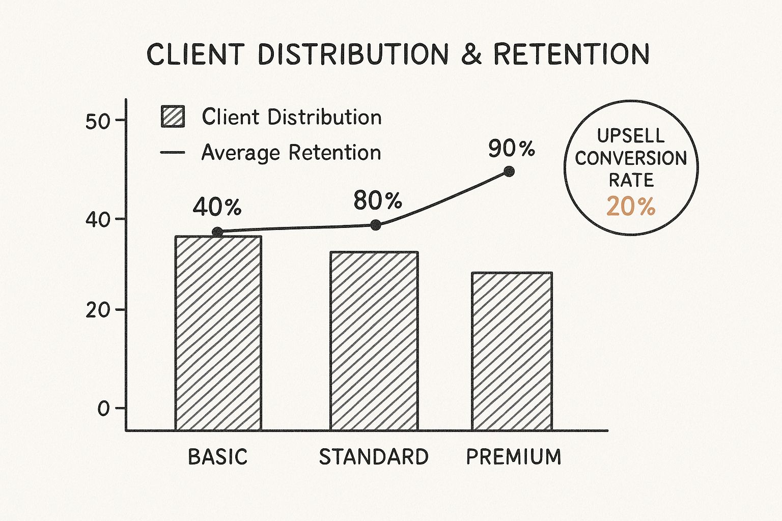 Infographic showing client distribution and retention rates across Basic, Standard, and Premium online fitness coaching tiers.