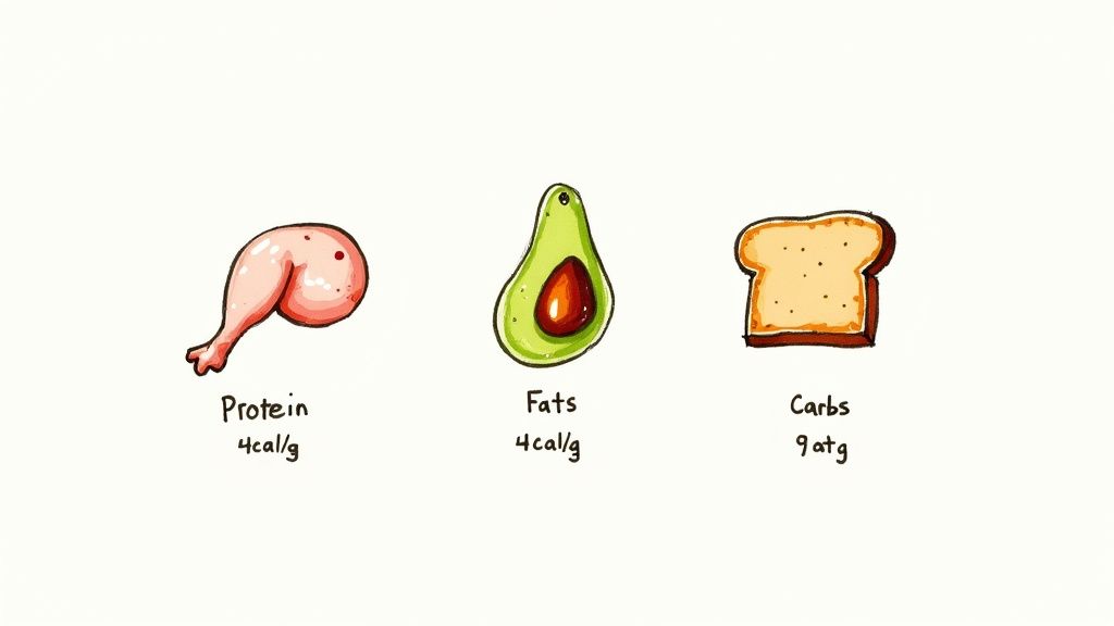 A colorful plate of food showing sources of protein, carbs, and fats, illustrating the different macronutrients.