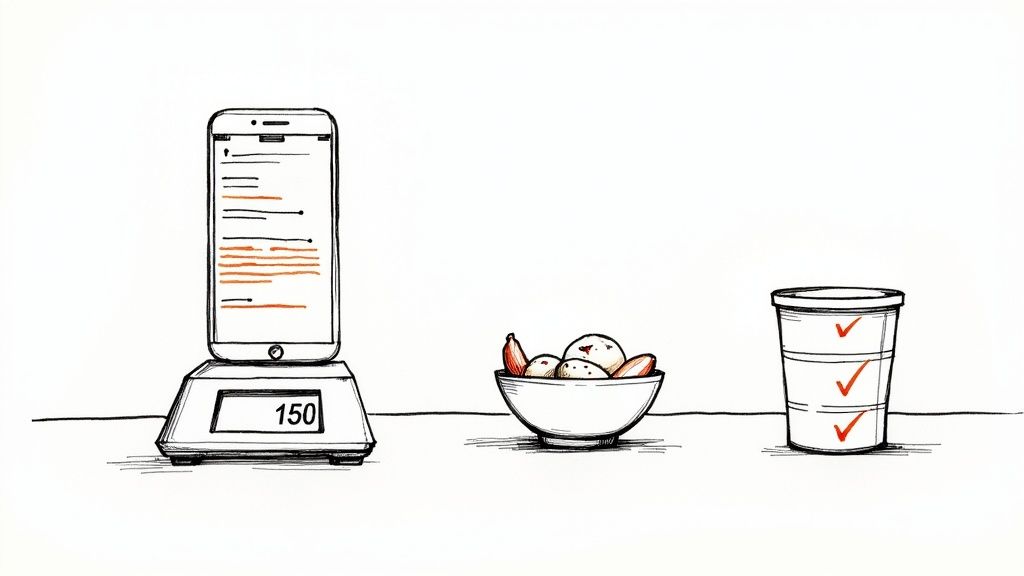 A person using a food scale to weigh ingredients while looking at a smartphone, representing the process of tracking macros.