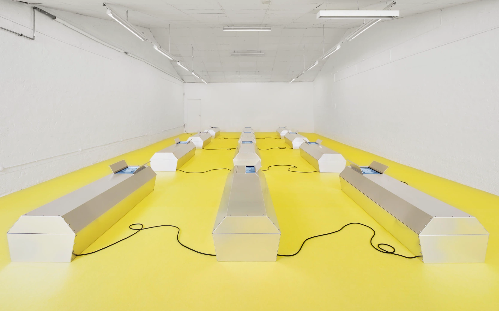 Stine Deja’s GRAVE MATTERS and the Digital Afterlife, art exhibition, coffin, steel, installation
